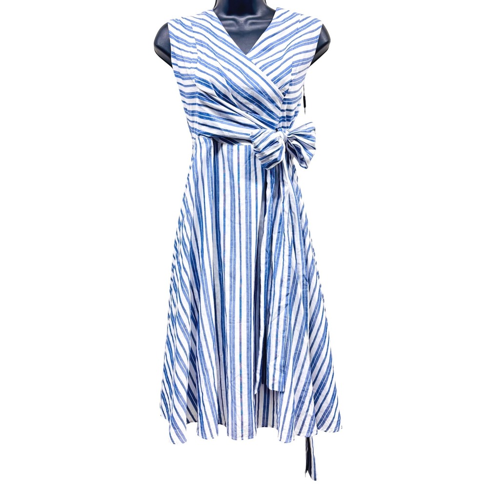 NWT Calvin Klein Womens Blue White Striped Cotton Fit Flare Midi Dress Size 6
